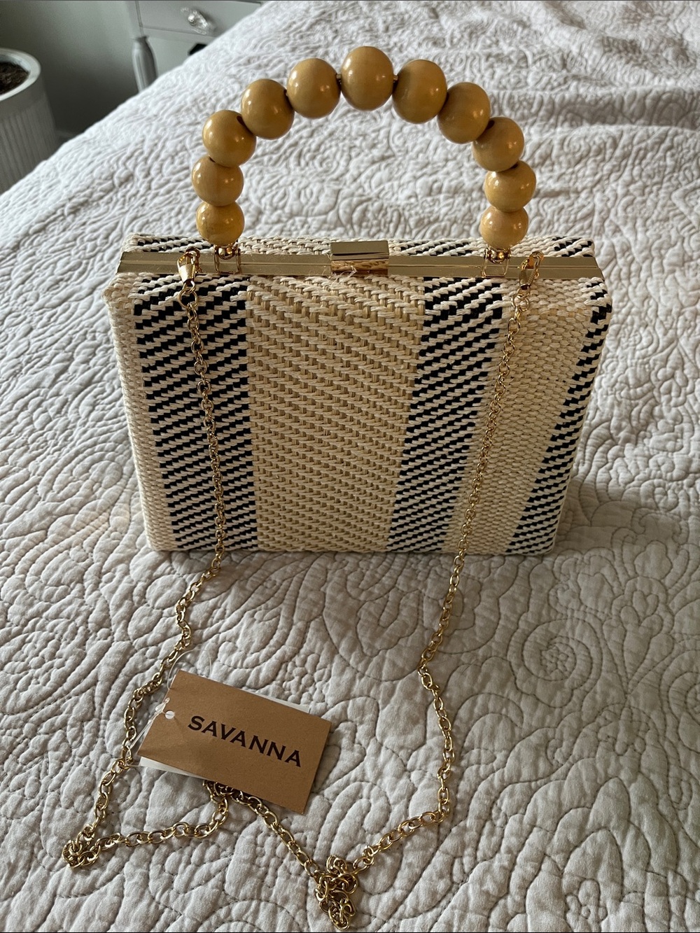 Savanna Beige, Black & Yellow Bead Top Straw Clutch